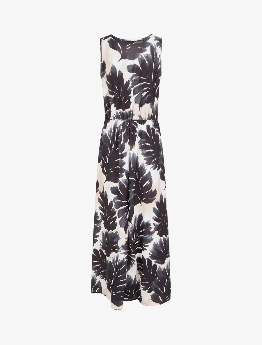 Jurk met bladprint en elastische tailleband - Zwart - Image 2