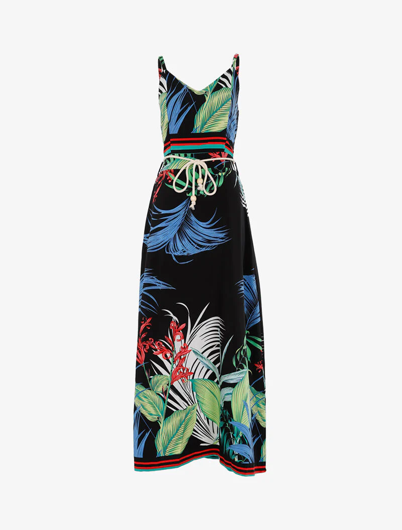 Jurk met bladprint en gestreepte details - zwart