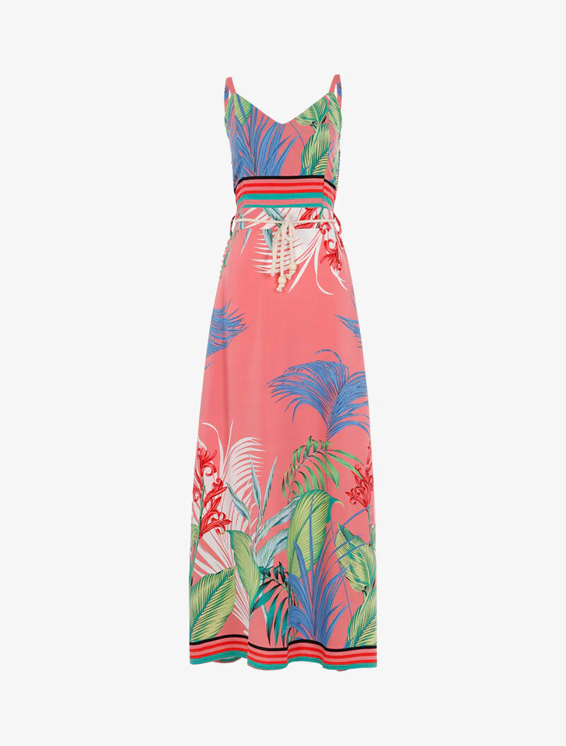 Jurk met bladprint en gestreepte details - roze