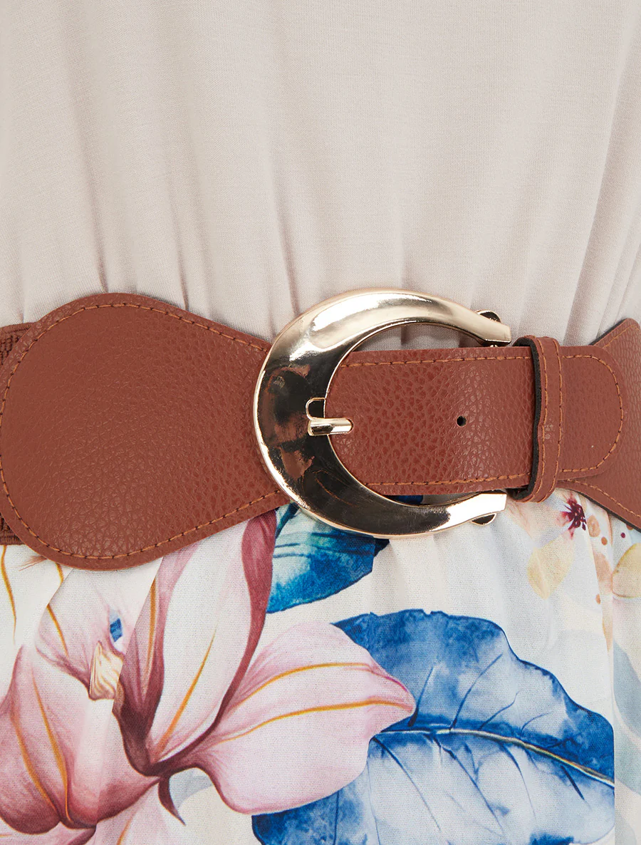Jurk met bladprint en schouderbandjes van imitatieleer. - Marine - Image 3