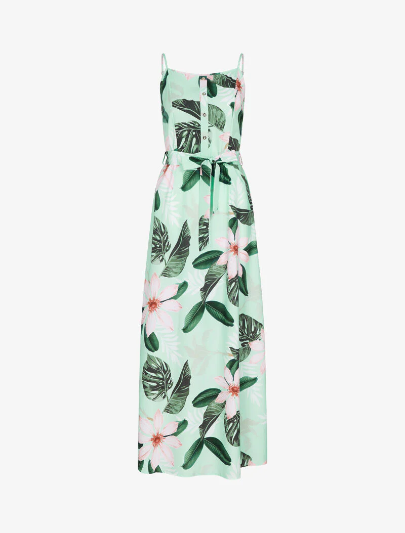 Jurk met bloemenprint en ceintuur - watergroen