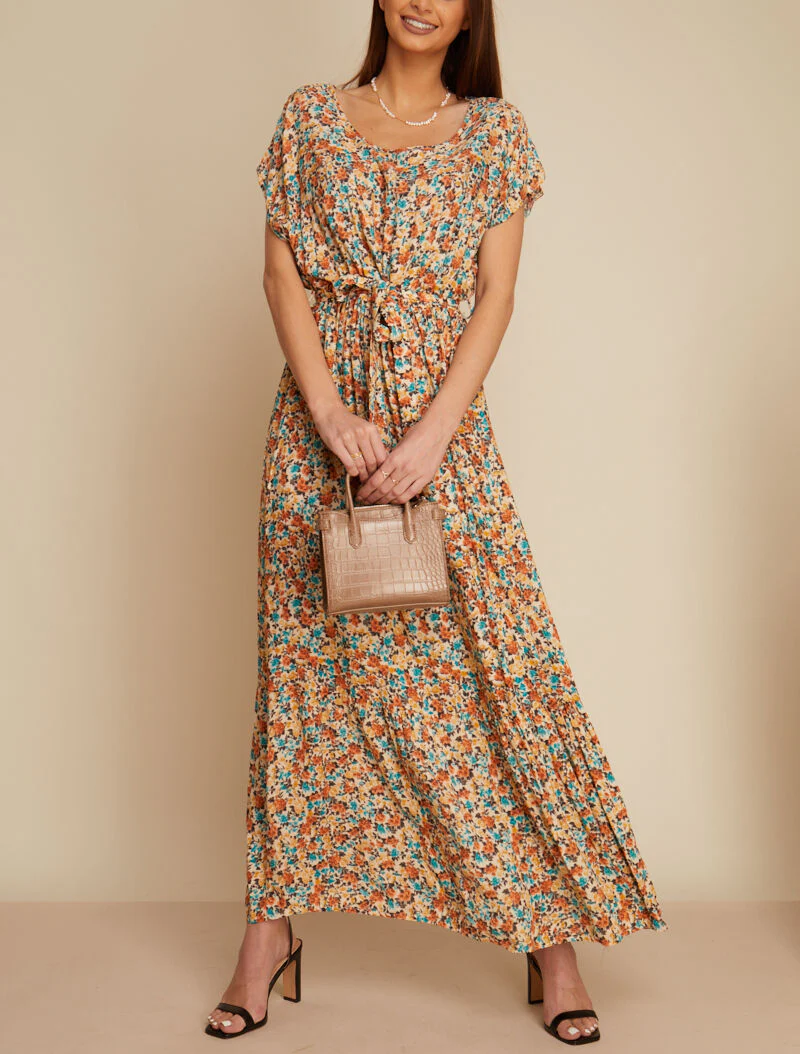 Jurk met boothals en bloemenprint - beige