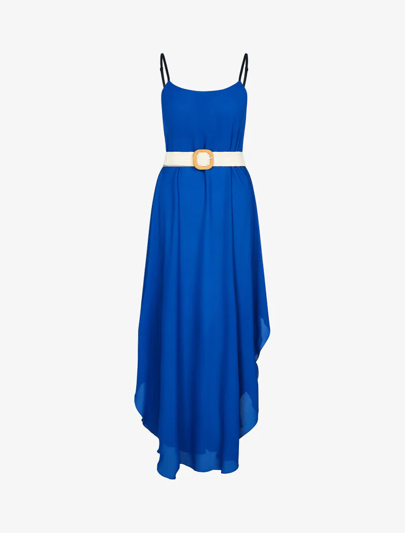 Jurk met chiffon effect. afgeronde onderkant en uitgesneden halslijn - blauw