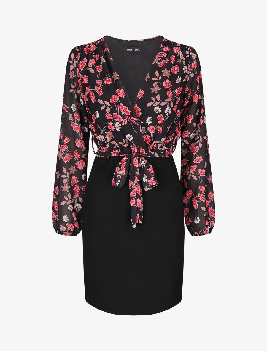 Jurk met een bloemenprintje op de boezem - Zwart