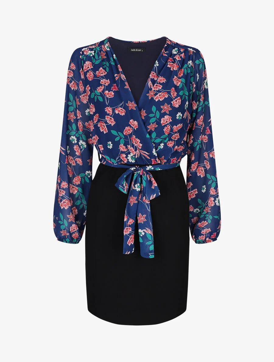 Jurk met een bloemenprintje op de boezem - Blauw