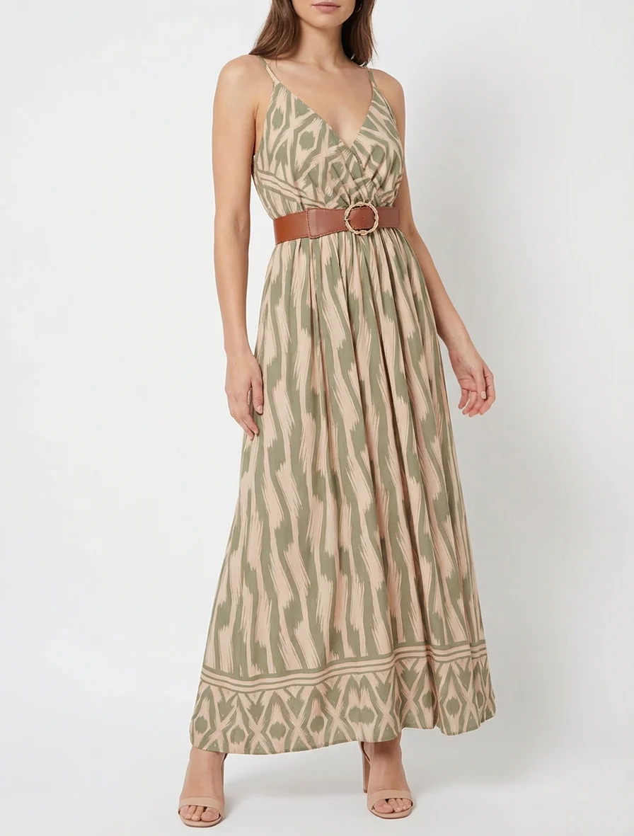 Jurk met elastische taille en fantasieprint - Kaki - Image 4