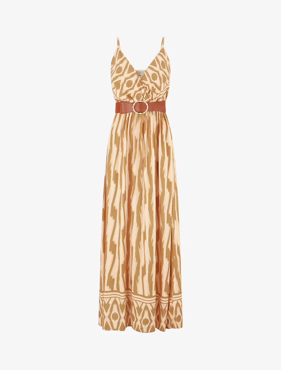 Jurk met elastische taille en fantasieprint - Mosterdgeel