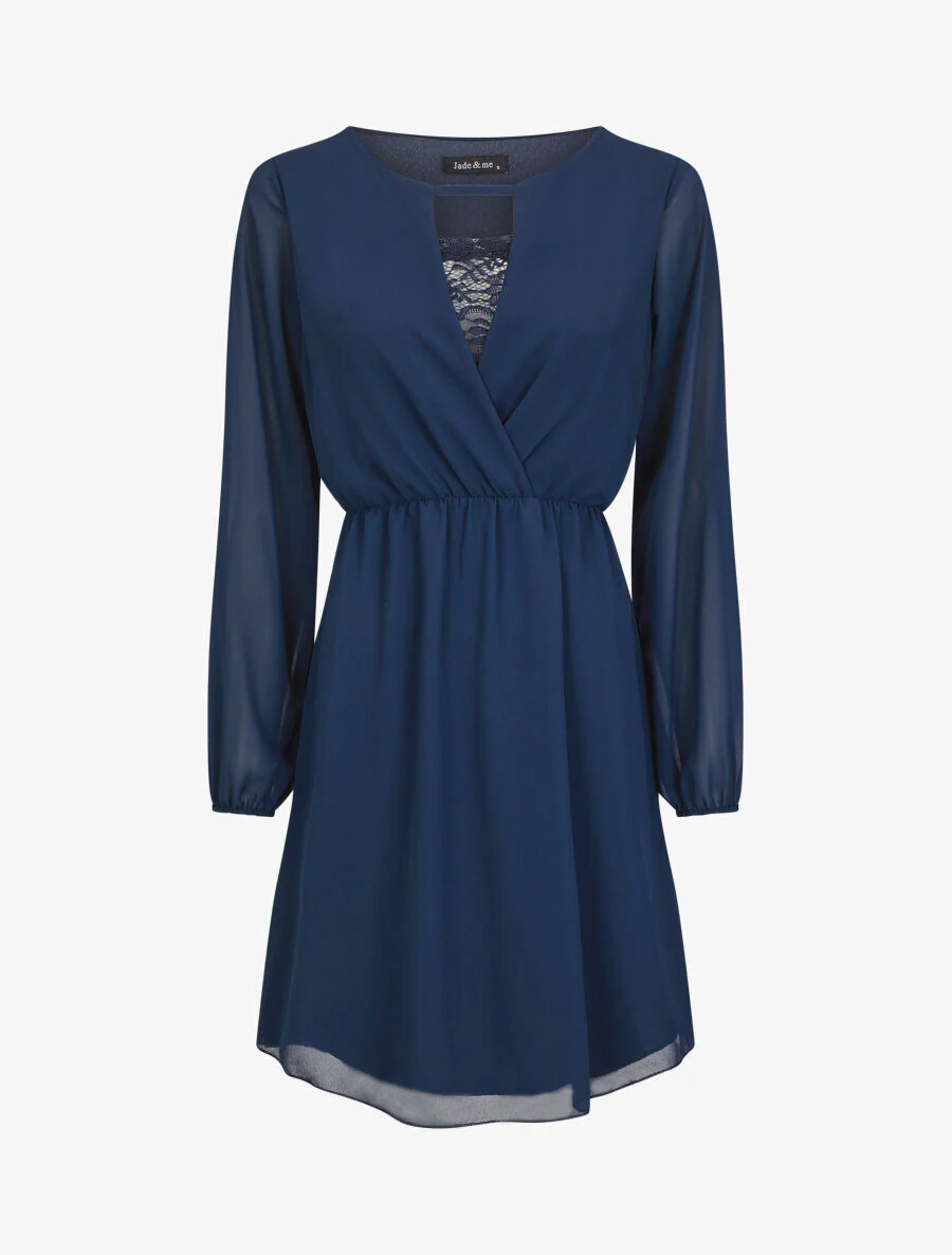 Jurk met elastische taille en kanten detail - Marineblauw