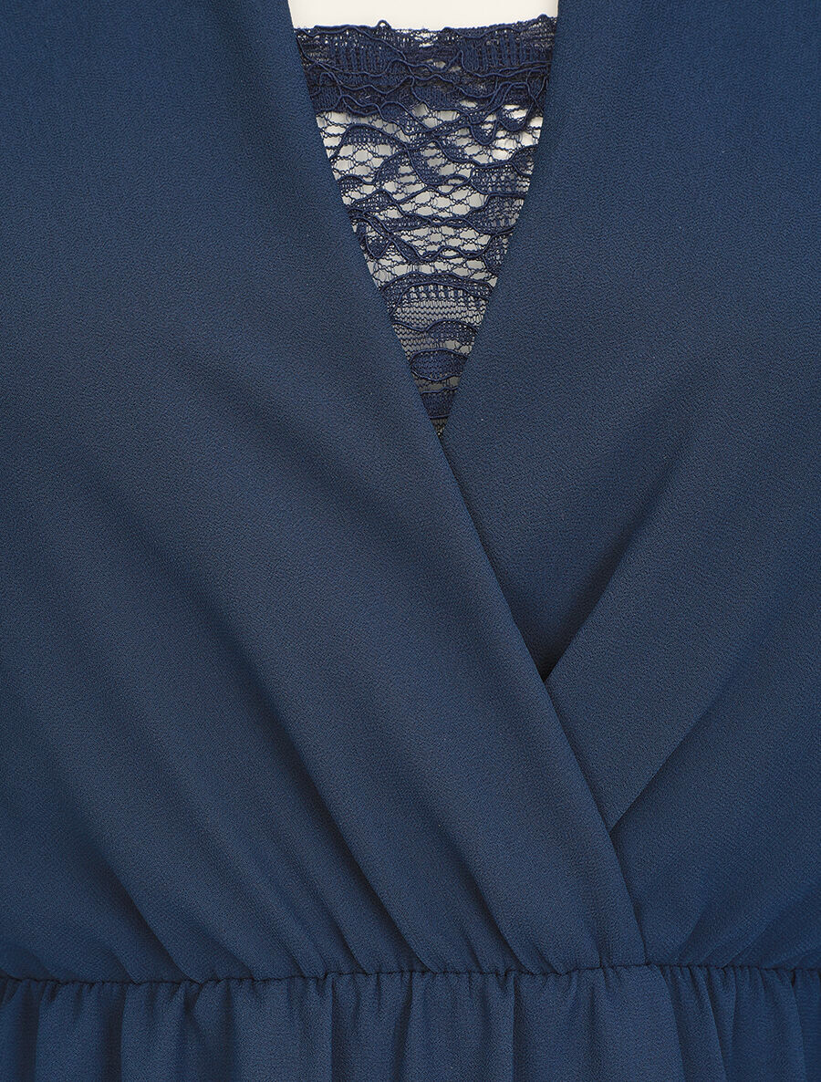 Jurk met elastische taille en kanten detail - Marineblauw - Image 3