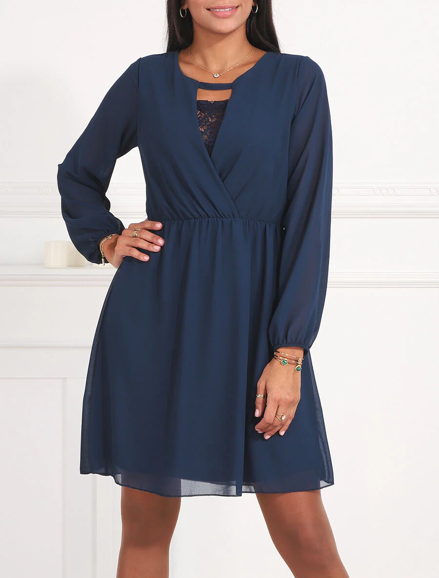 Jurk met elastische taille en kanten detail - Marineblauw - Image 4