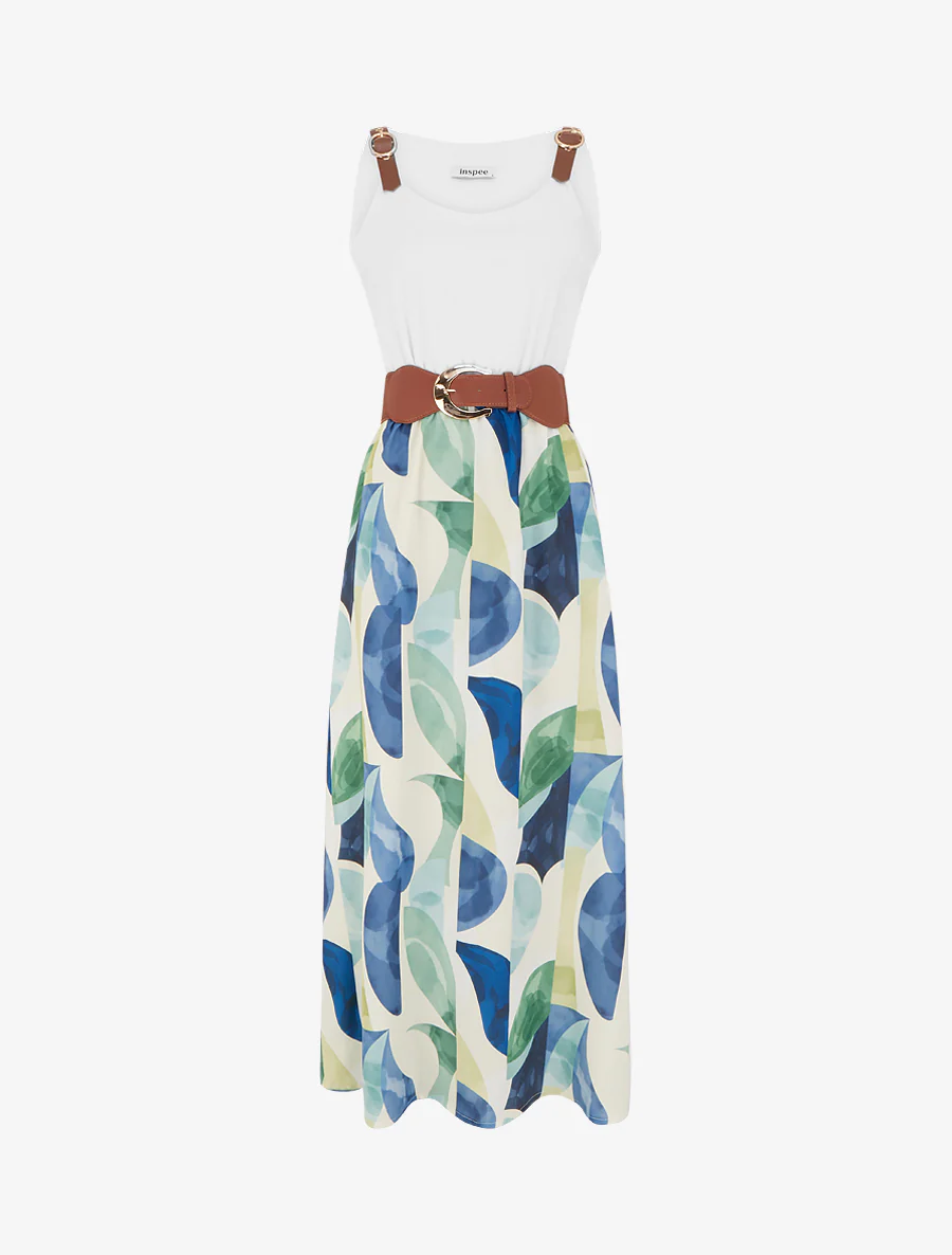 Jurk met fantasieprint en bandjes van imitatieleer - Marine