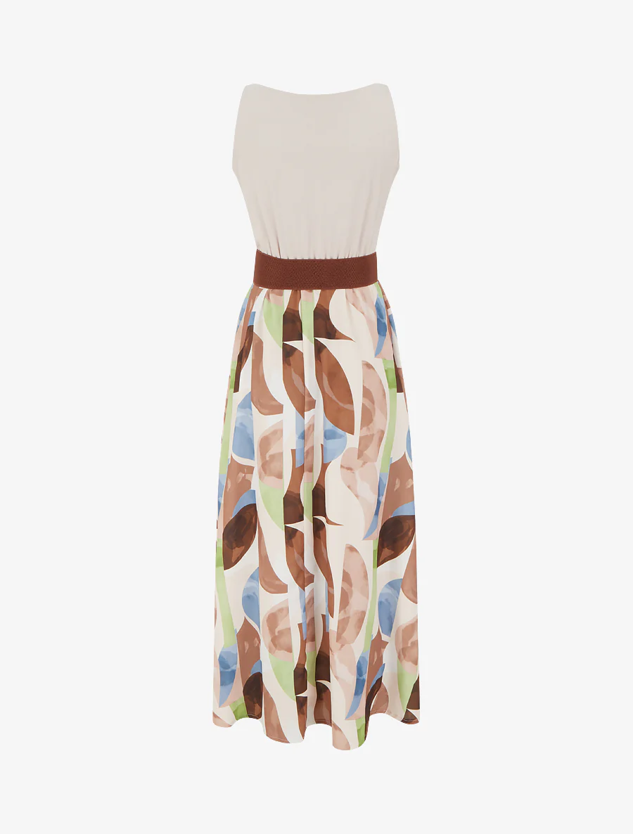 Jurk met fantasieprint en bandjes van imitatieleer - Beige - Image 2