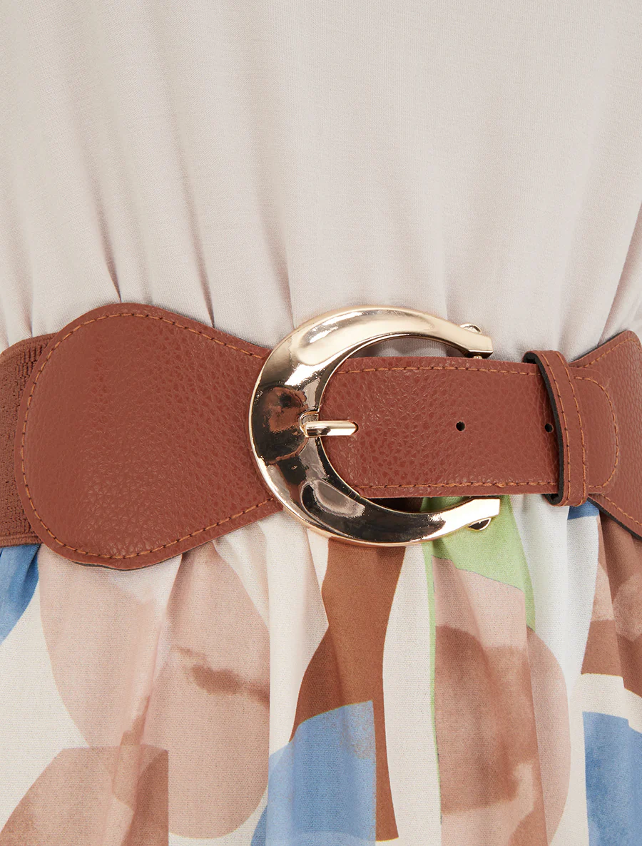 Jurk met fantasieprint en bandjes van imitatieleer - Beige - Image 3