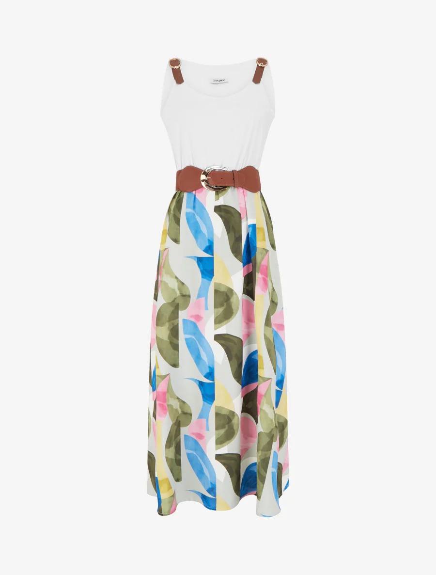 Jurk met fantasieprint en bandjes van imitatieleer - Kaki