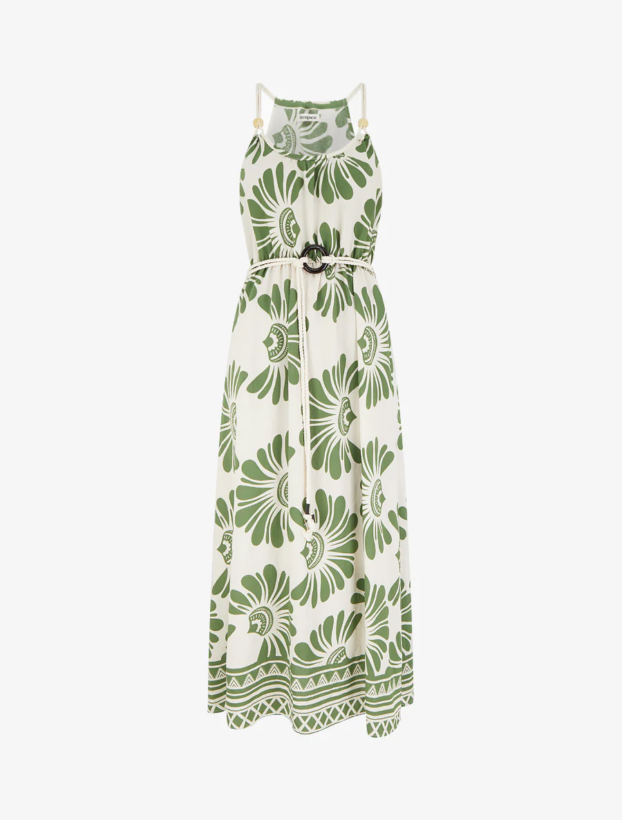 Jurk met fantasieprint en koordbandjes - Kaki