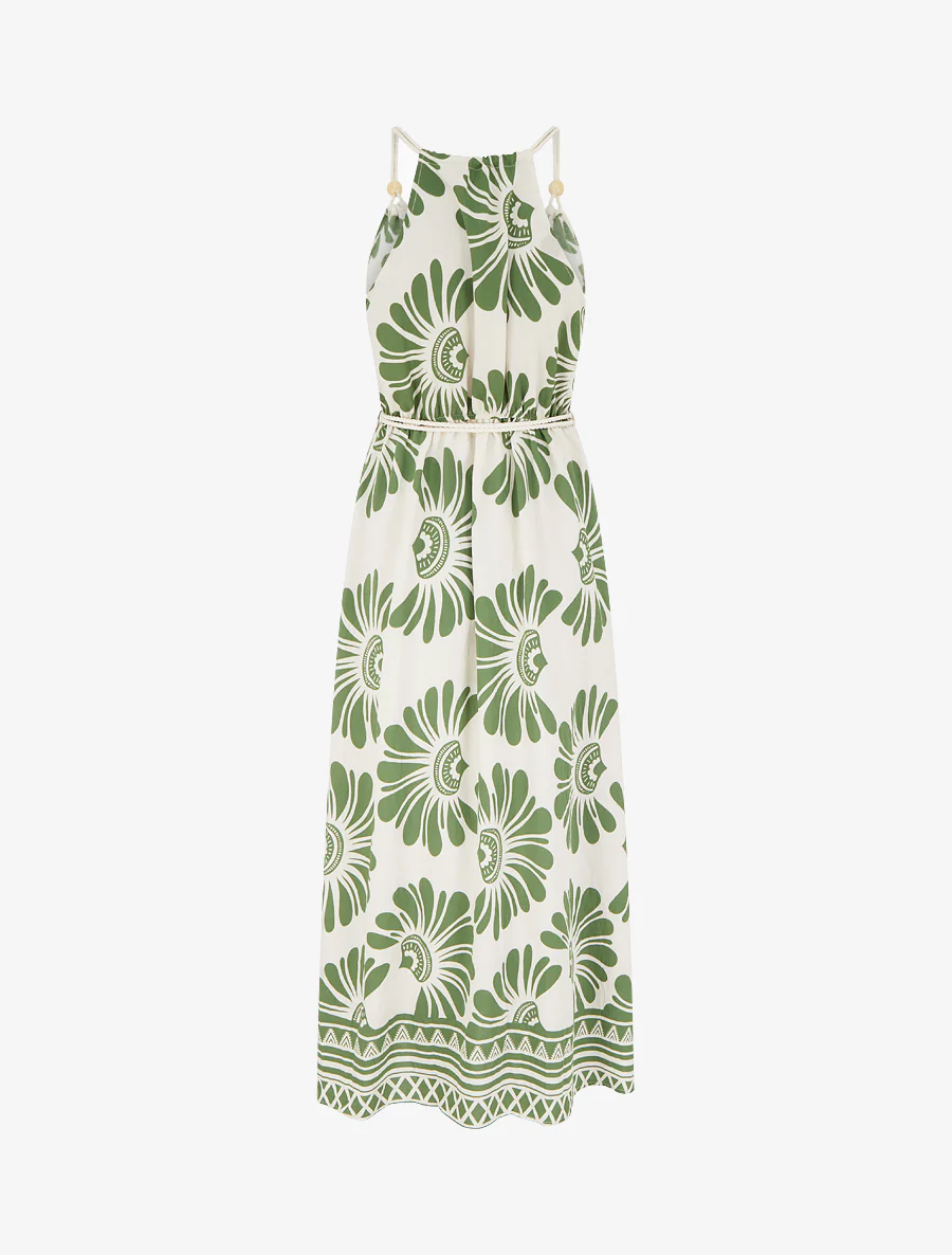 Jurk met fantasieprint en koordbandjes - Kaki - Image 2