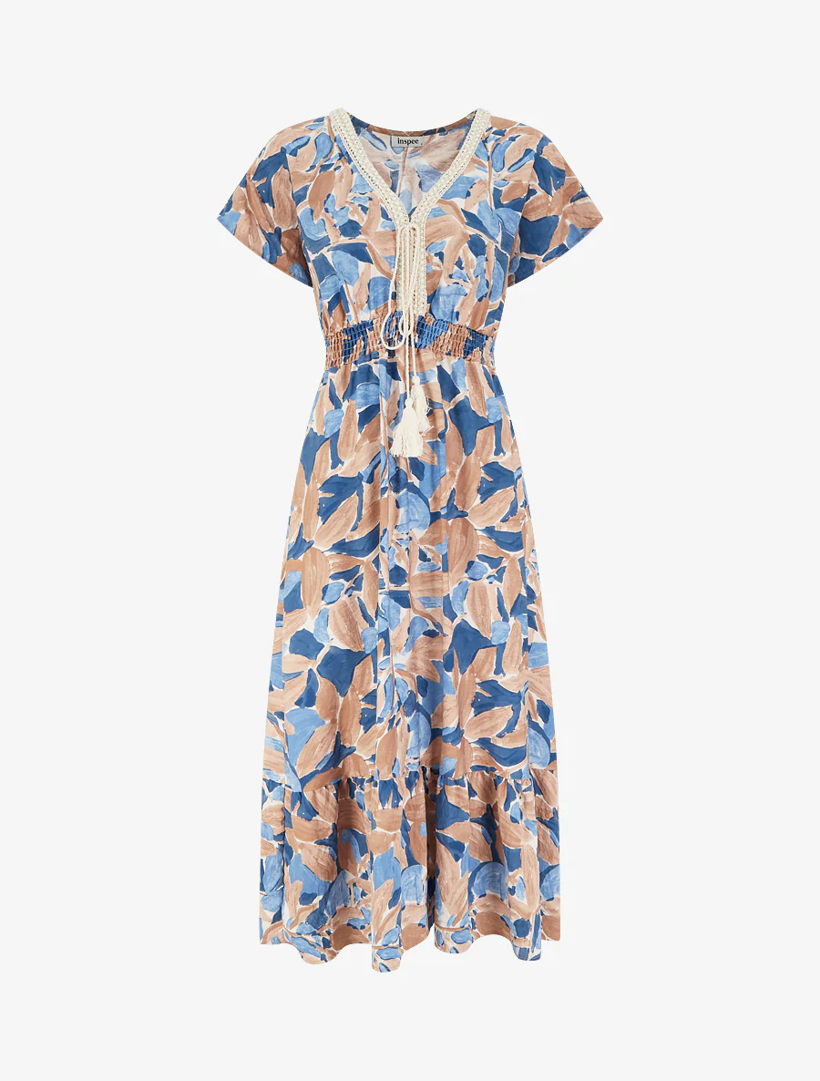 Jurk met gestileerde print en gehaakte kraag - Blauw