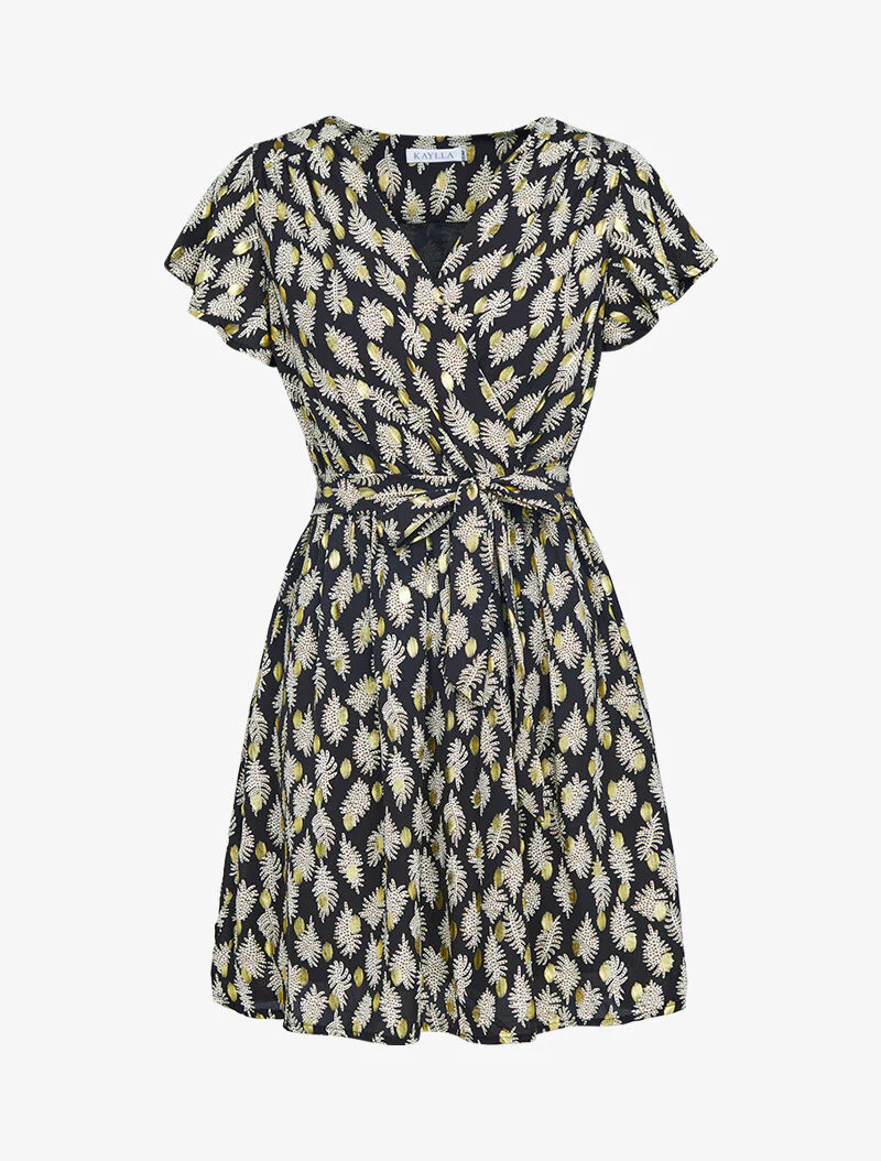 Jurk met grafisch bladenprint en iriserende details - zwart