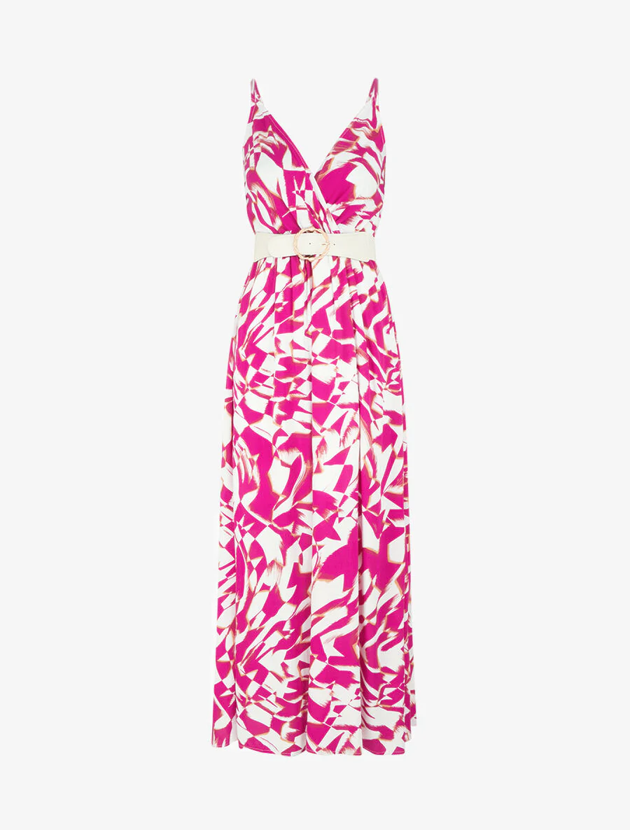 Jurk met grafische print en dunne schouderbandjes - fuchsia