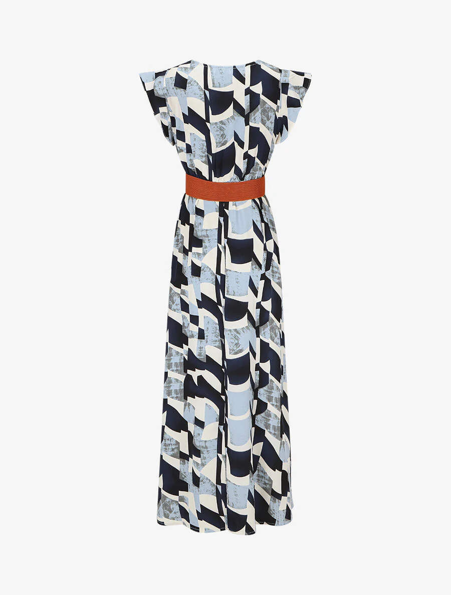 Jurk met grafische print. korte mouwen met ruches - blauw - Image 2