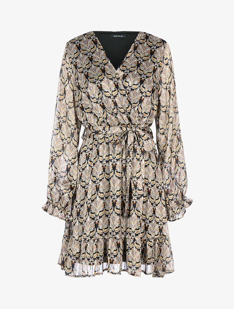 Jurk met iriserende strepen en grafische prints - taupe