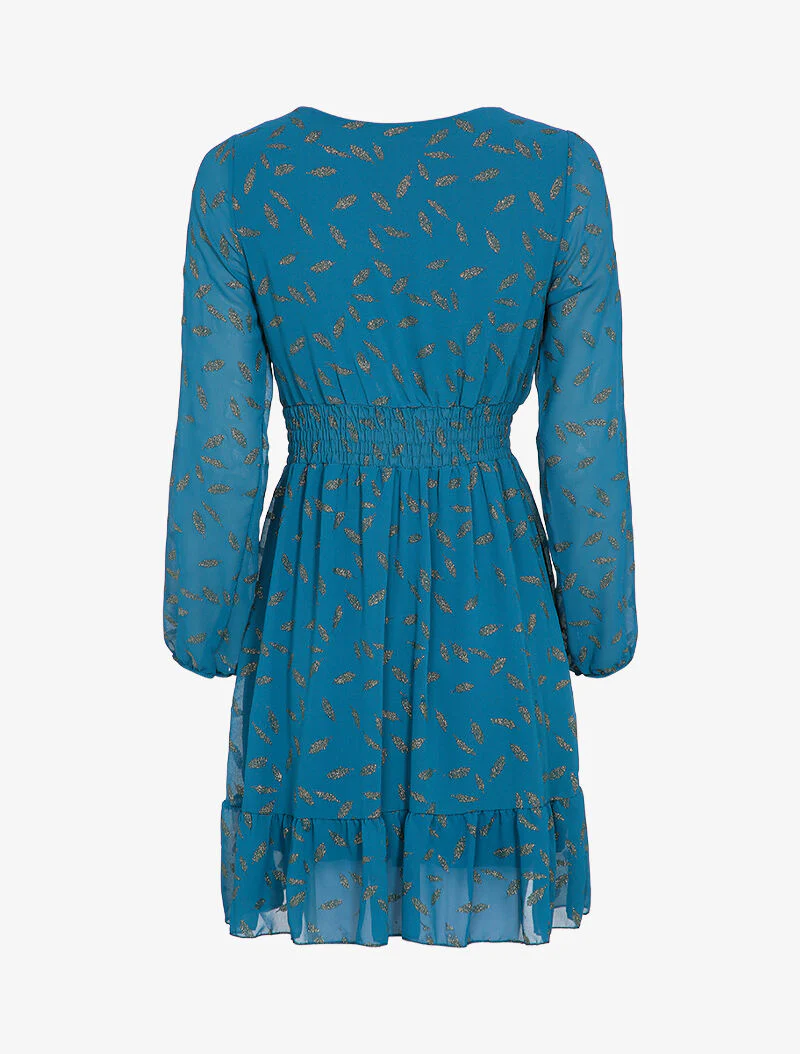 Jurk met iriserende verenprint en overslagkraag - Blauwgroen - Image 2