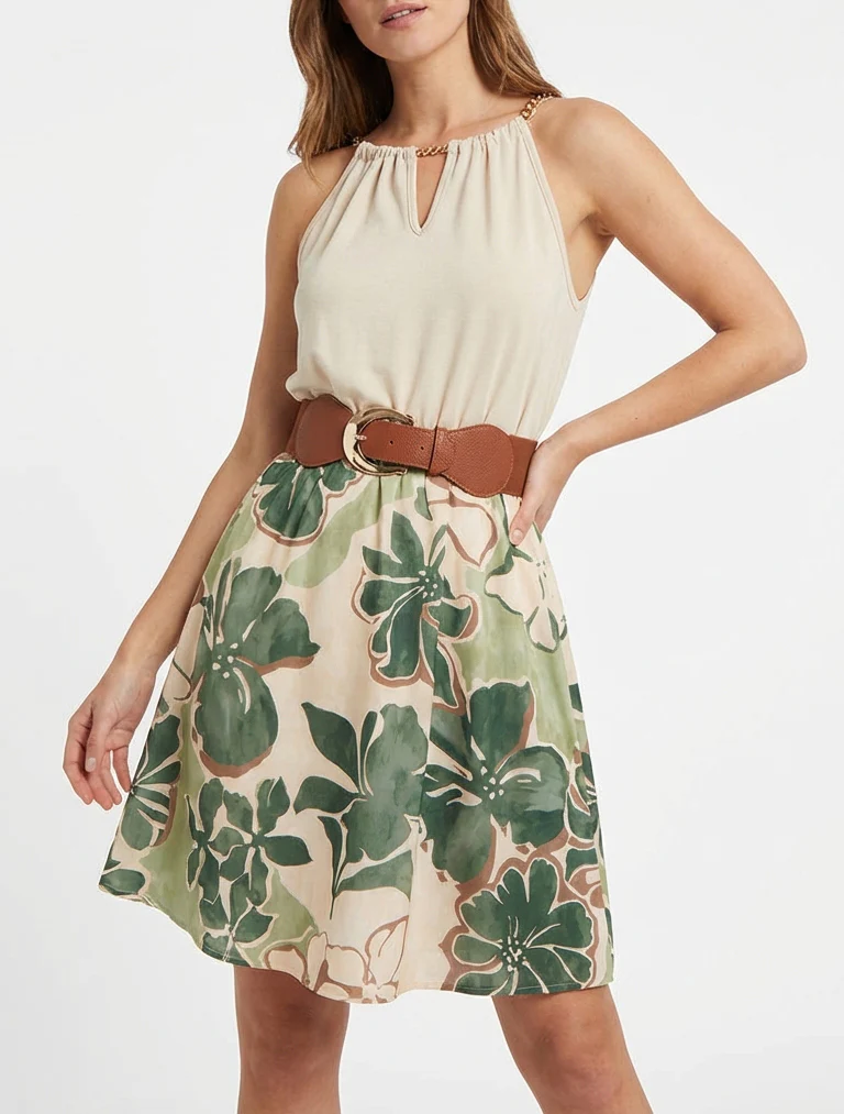 Jurk met kettingbandjes grote bloemenprint - Kaki - Image 4