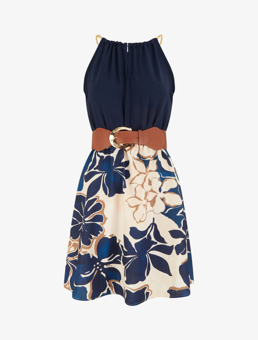 Jurk met kettingbandjes grote bloemenprint - Marine