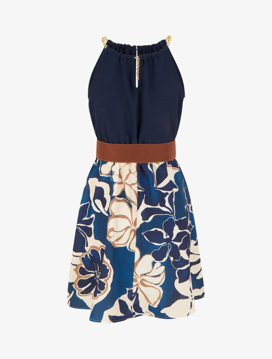 Jurk met kettingbandjes grote bloemenprint - Marine - Image 2