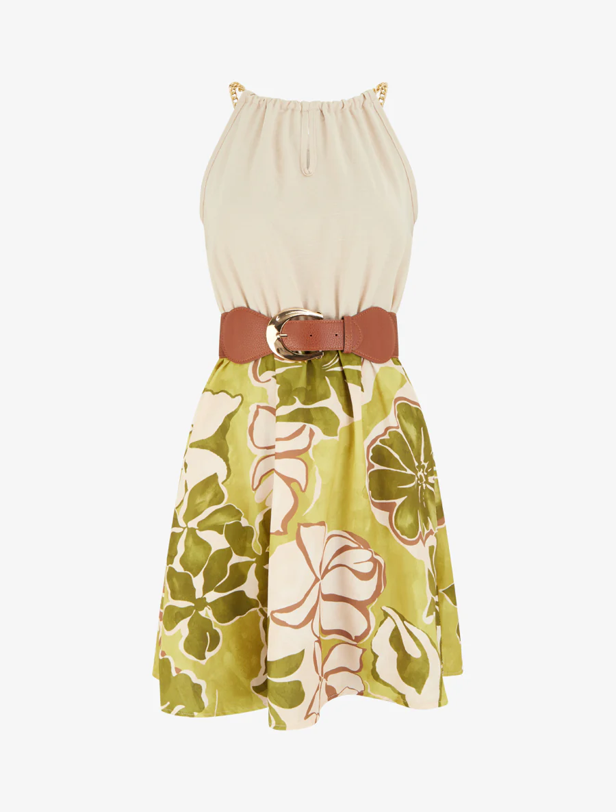 Jurk met kettingbandjes grote bloemenprint - Olijfgroen