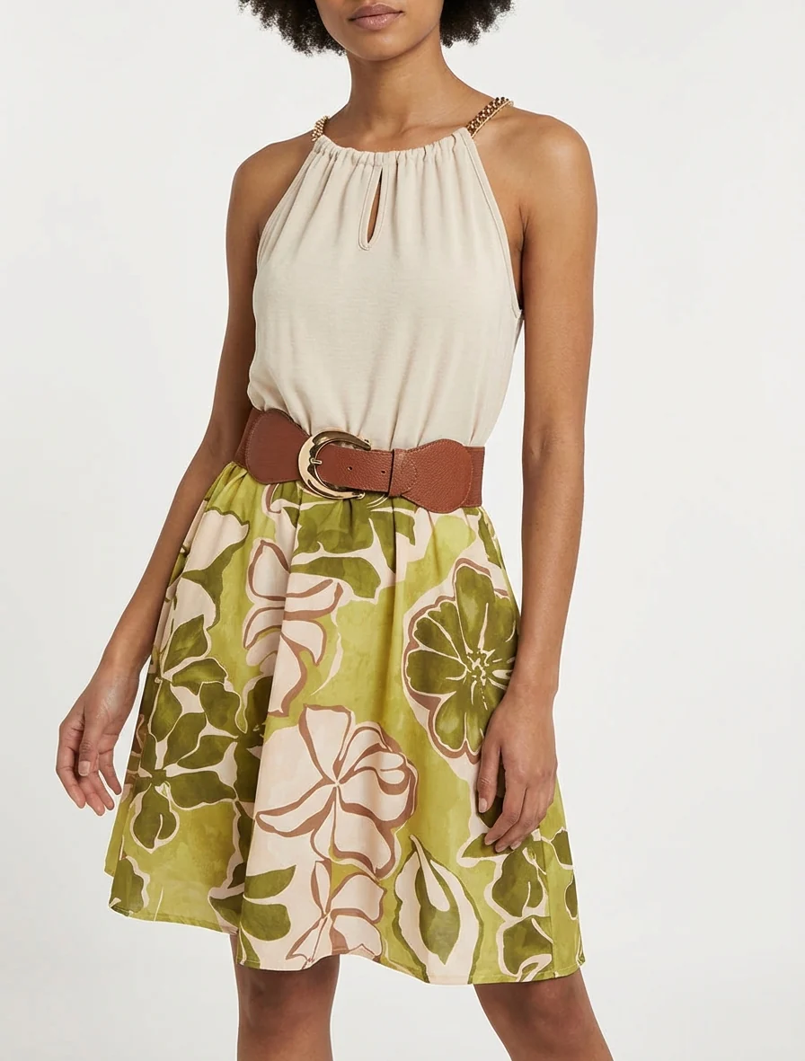 Jurk met kettingbandjes grote bloemenprint - Olijfgroen - Image 4