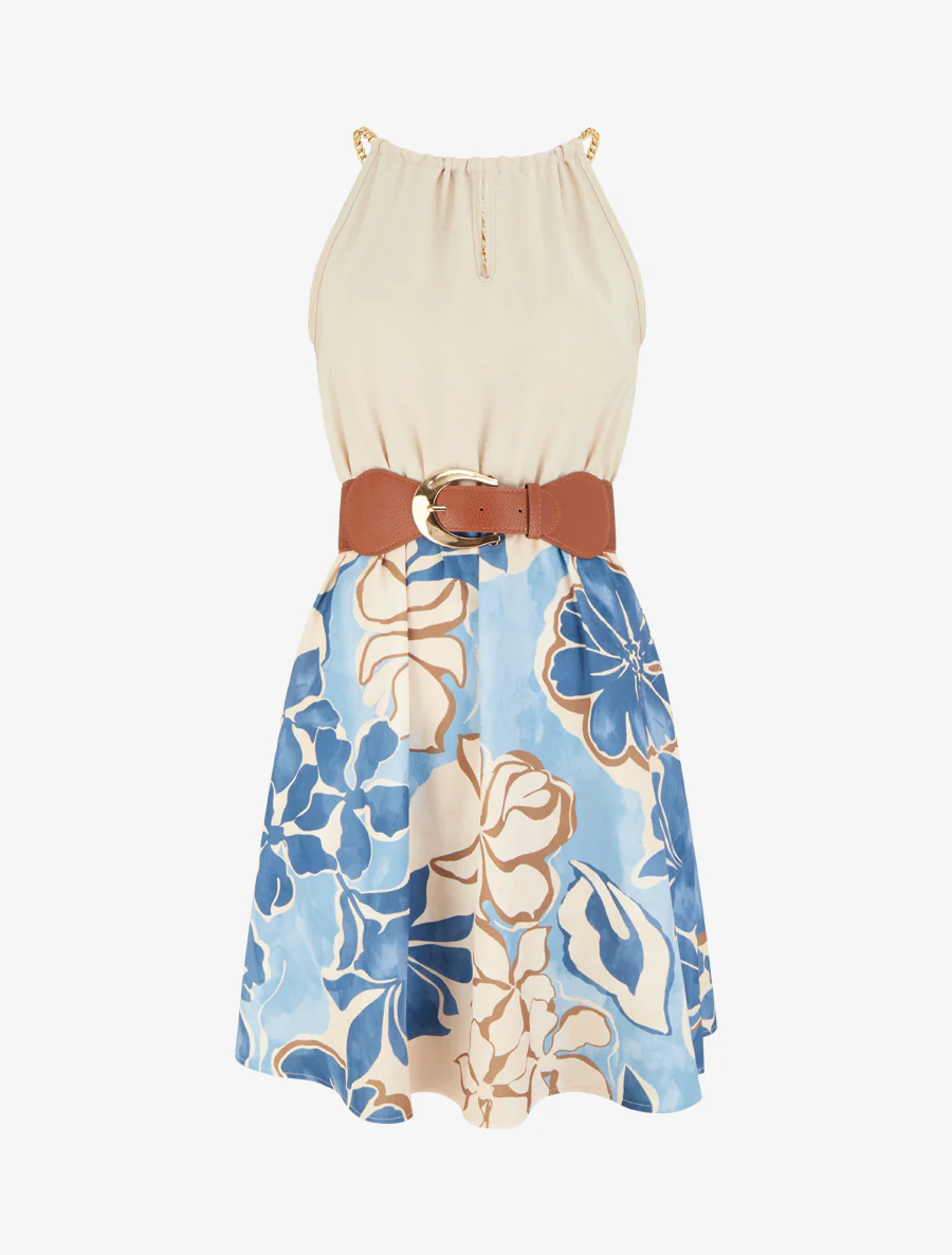 Jurk met kettingbandjes grote bloemenprint - Lichtblauw
