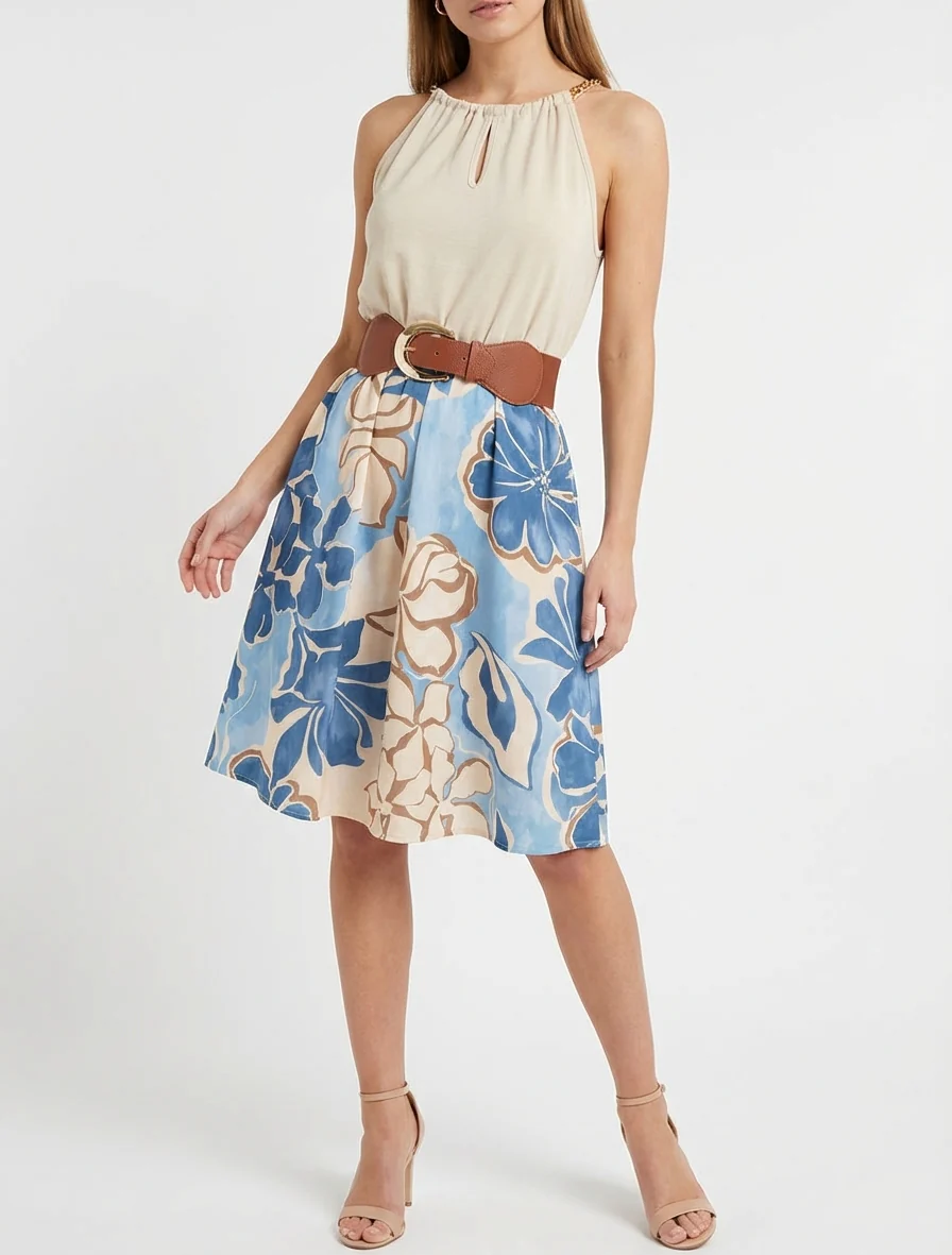 Jurk met kettingbandjes grote bloemenprint - Lichtblauw - Image 4