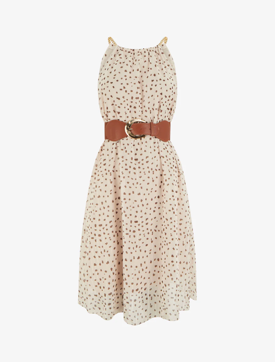Jurk met kettingbandjes met gespikkeld patroon - Beige