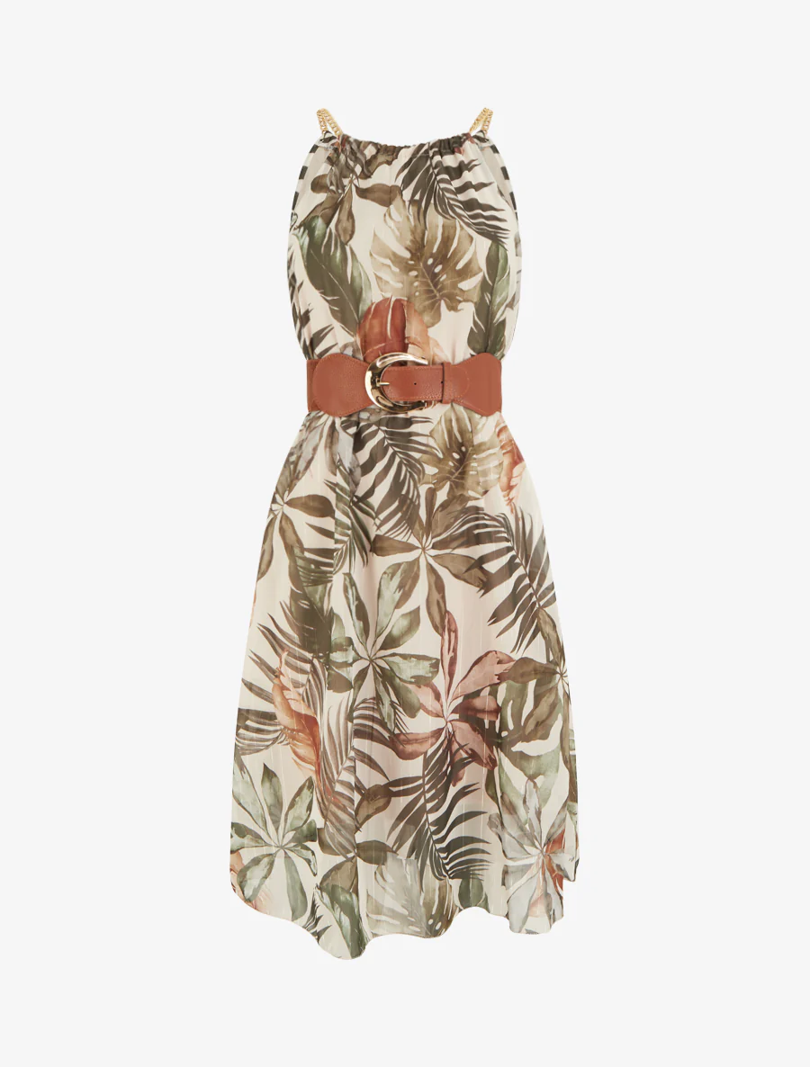 Jurk met kettingbandjes tropische print - Donker kaki