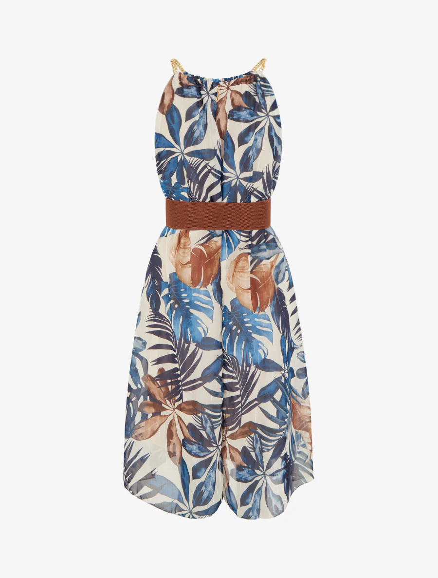 Jurk met kettingbandjes tropische print - Marine - Image 2