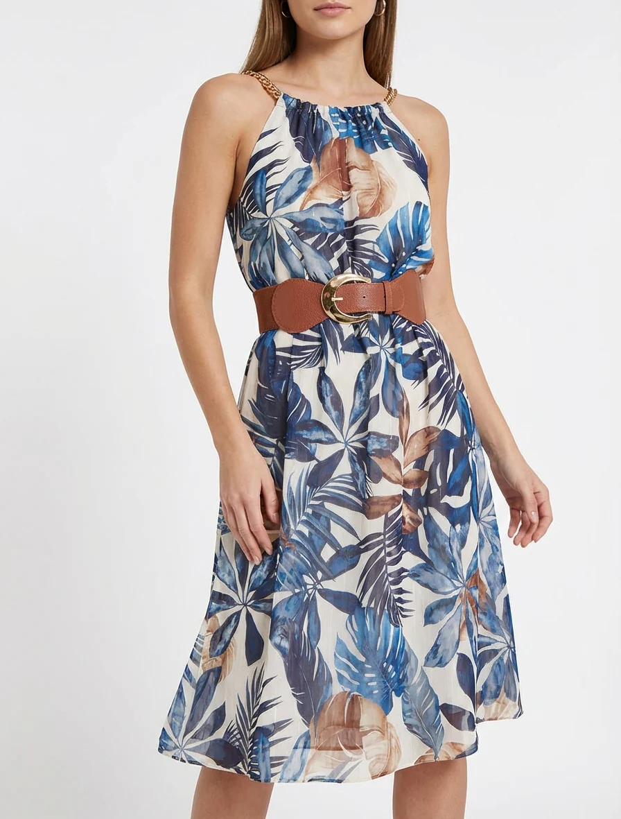 Jurk met kettingbandjes tropische print - Marine - Image 4
