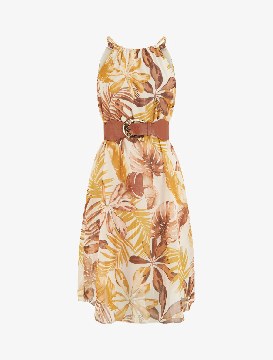 Jurk met kettingbandjes tropische print - Mosterdgeel