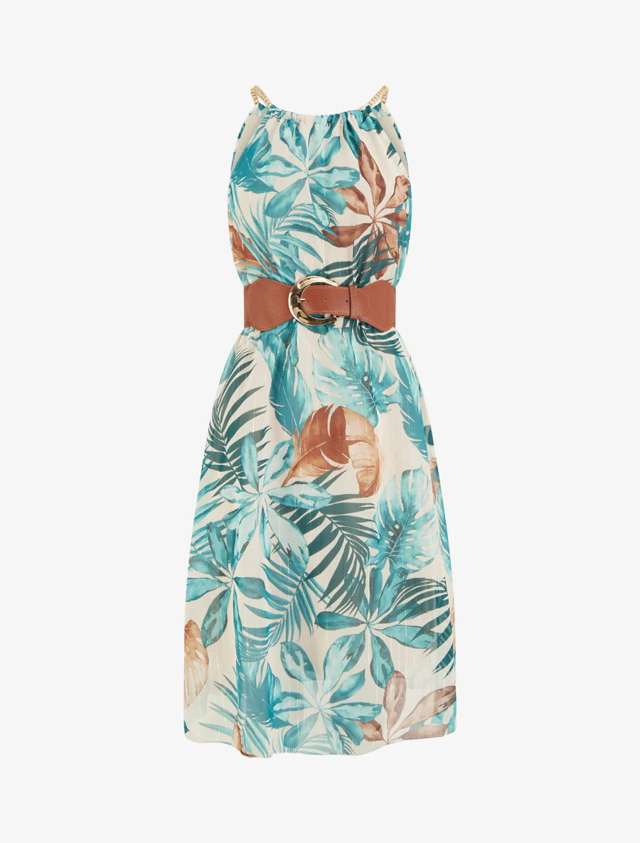 Jurk met kettingbandjes tropische print - Turkoois