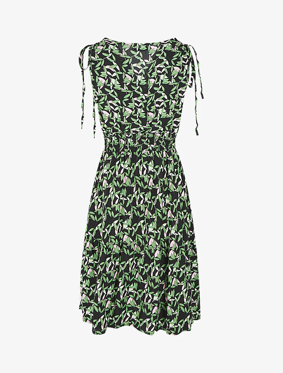 Jurk met kleine bladerenprint en wikkelhals - zwart - Image 2