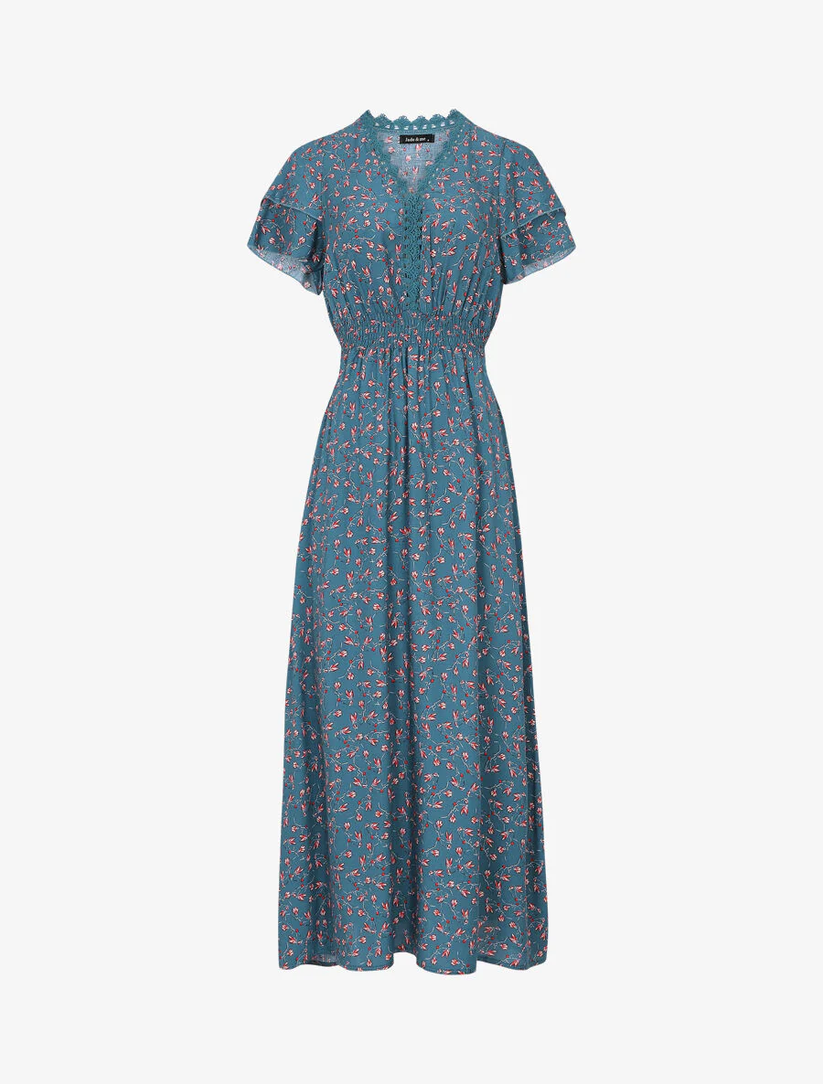 Jurk met kleine bloemenprint en dubbele mouwen - Blauwgroen