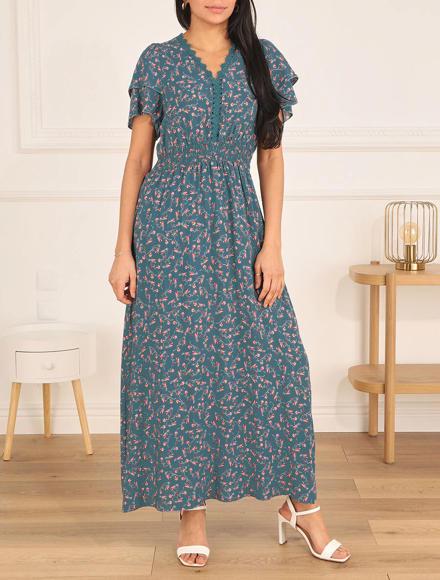 Jurk met kleine bloemenprint en dubbele mouwen - Blauwgroen - Image 4