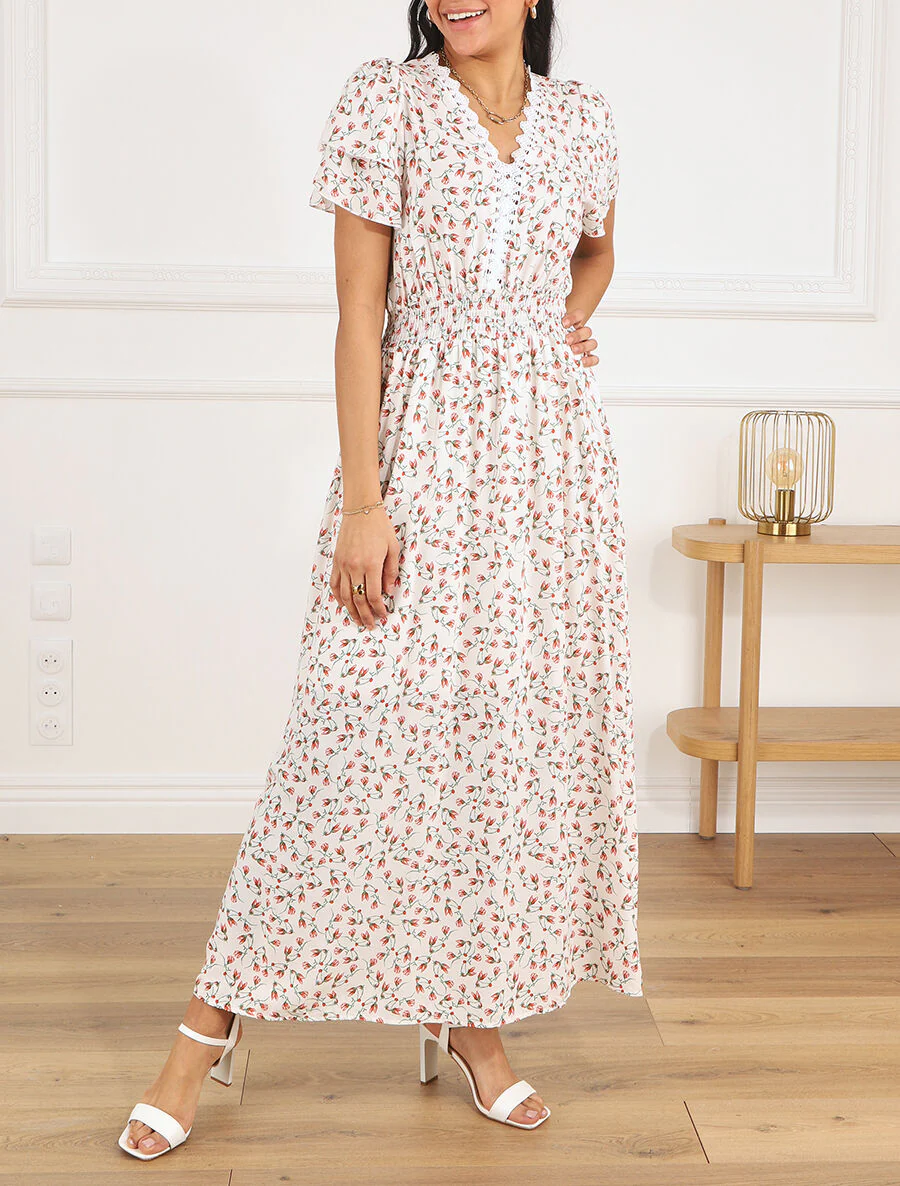 Jurk met kleine bloemenprint en dubbele mouwen - wit - Image 4