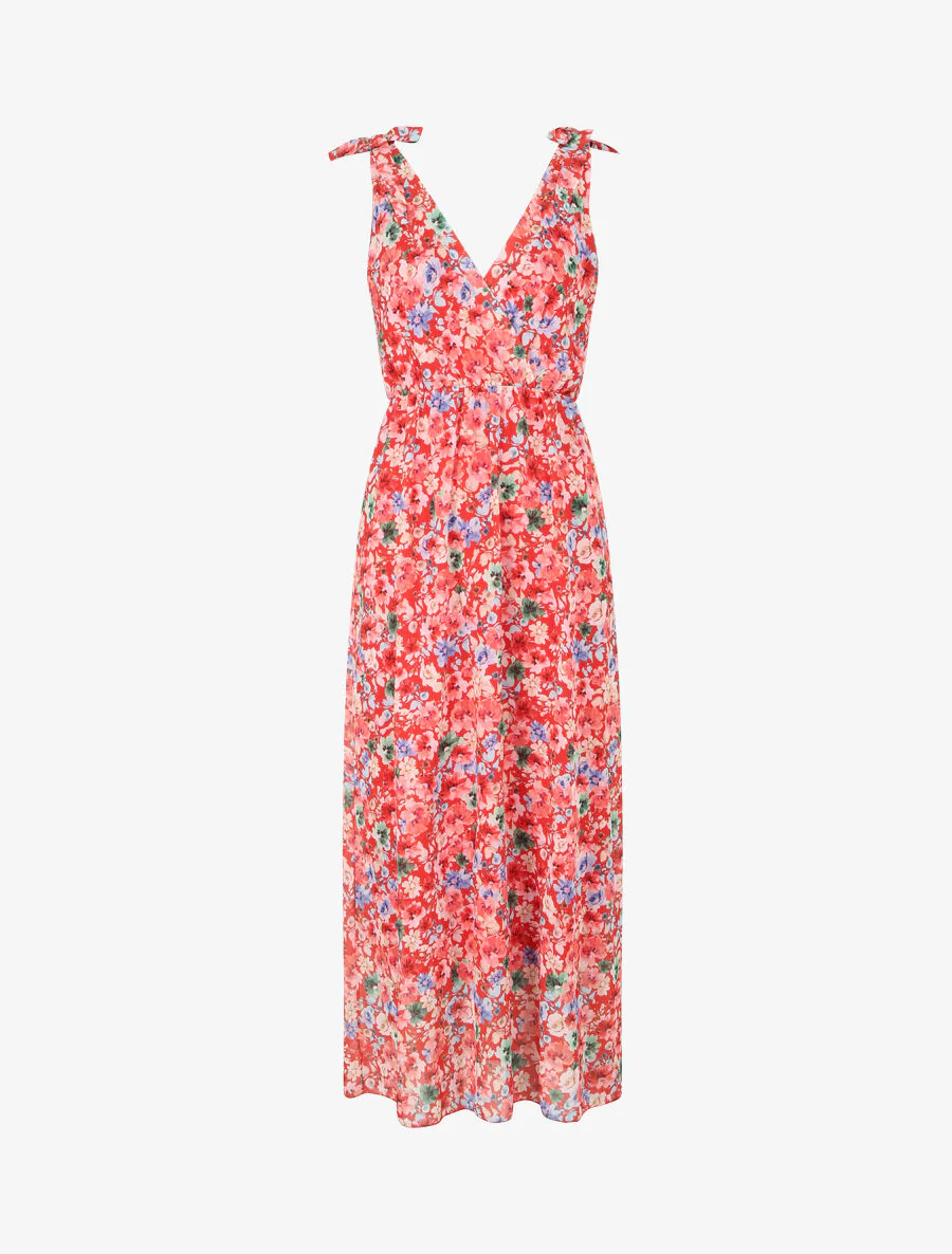 Jurk met landelijke bloemenprint met bandjes en knoopdetail - Rood