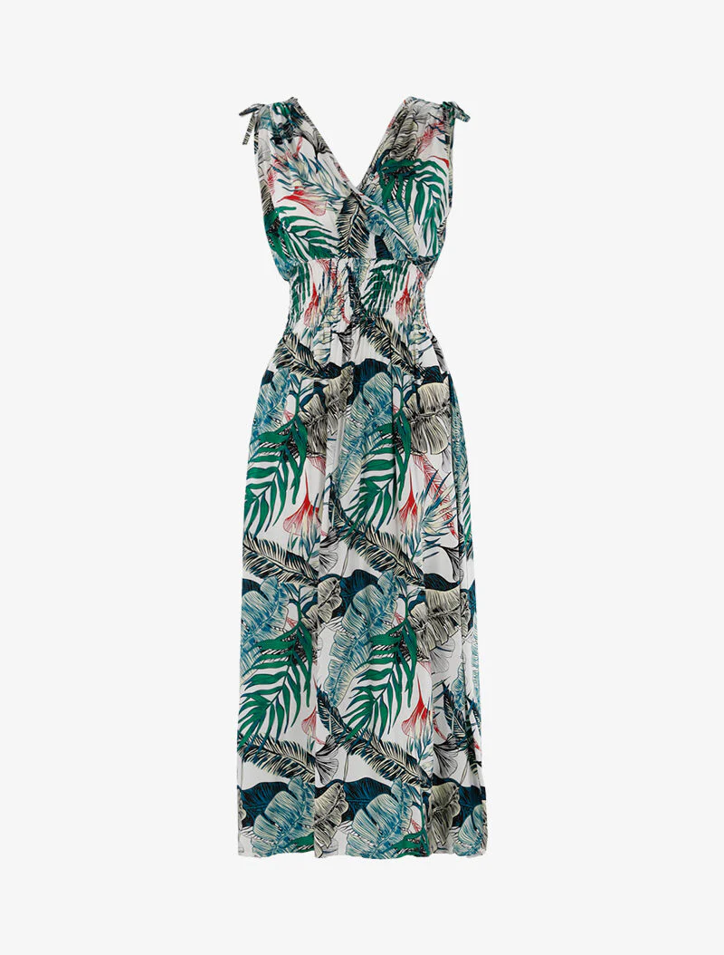 Jurk met overslagtop en tropische print - ecru - ecru