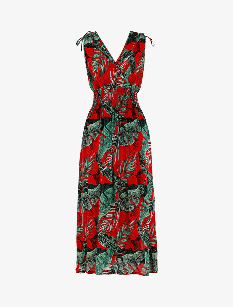 Jurk met overslagtop en tropische print - rood - Image 2