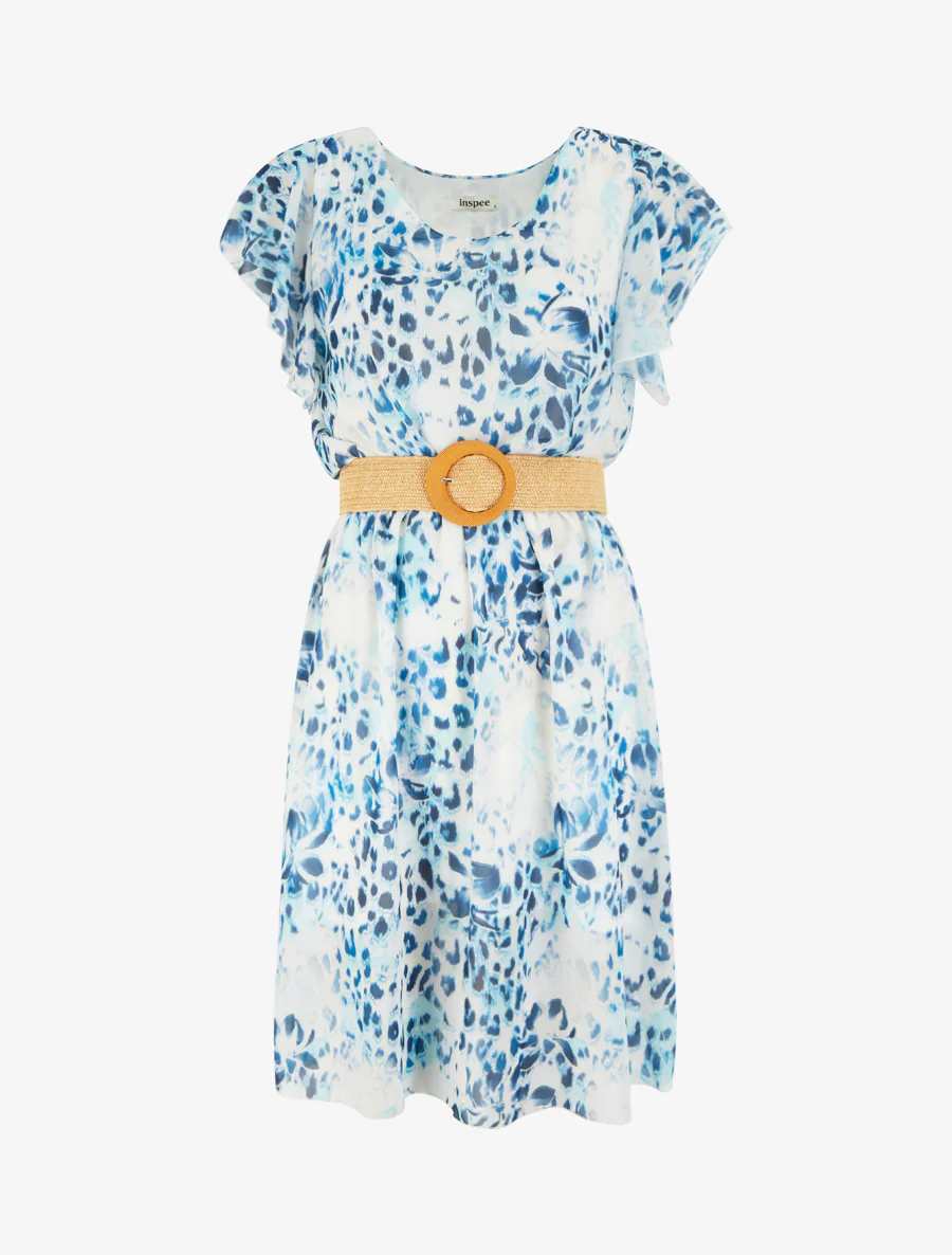 Jurk met ruches mouwtjes met luipaard- en bloemenprint - Marine