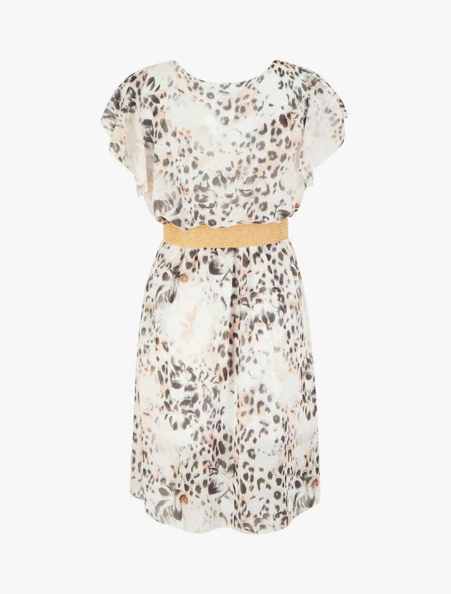 Jurk met ruches mouwtjes met luipaard- en bloemenprint - Zwart - Image 2