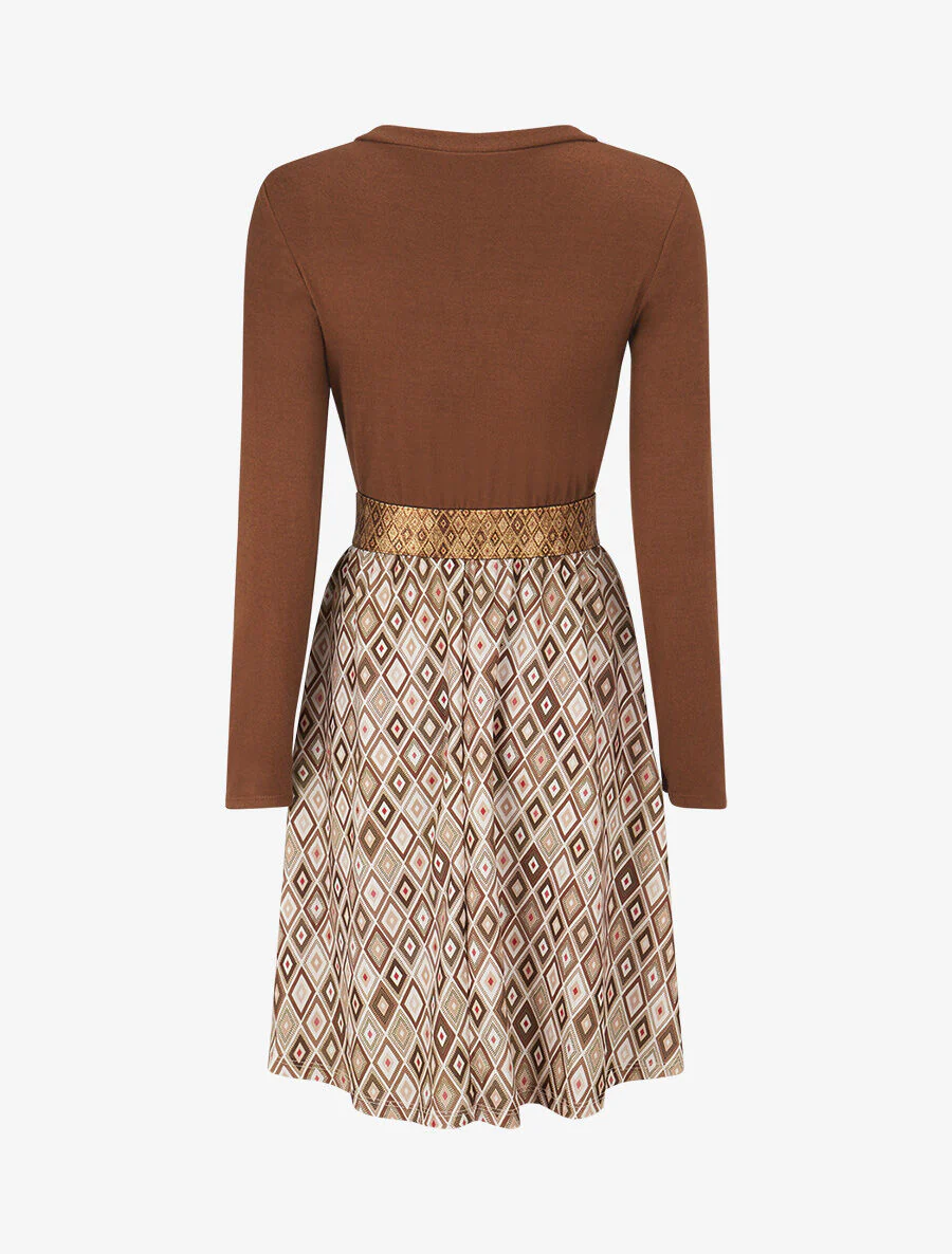 Jurk met ruitenprint en zwierige taille - Camel - Image 2