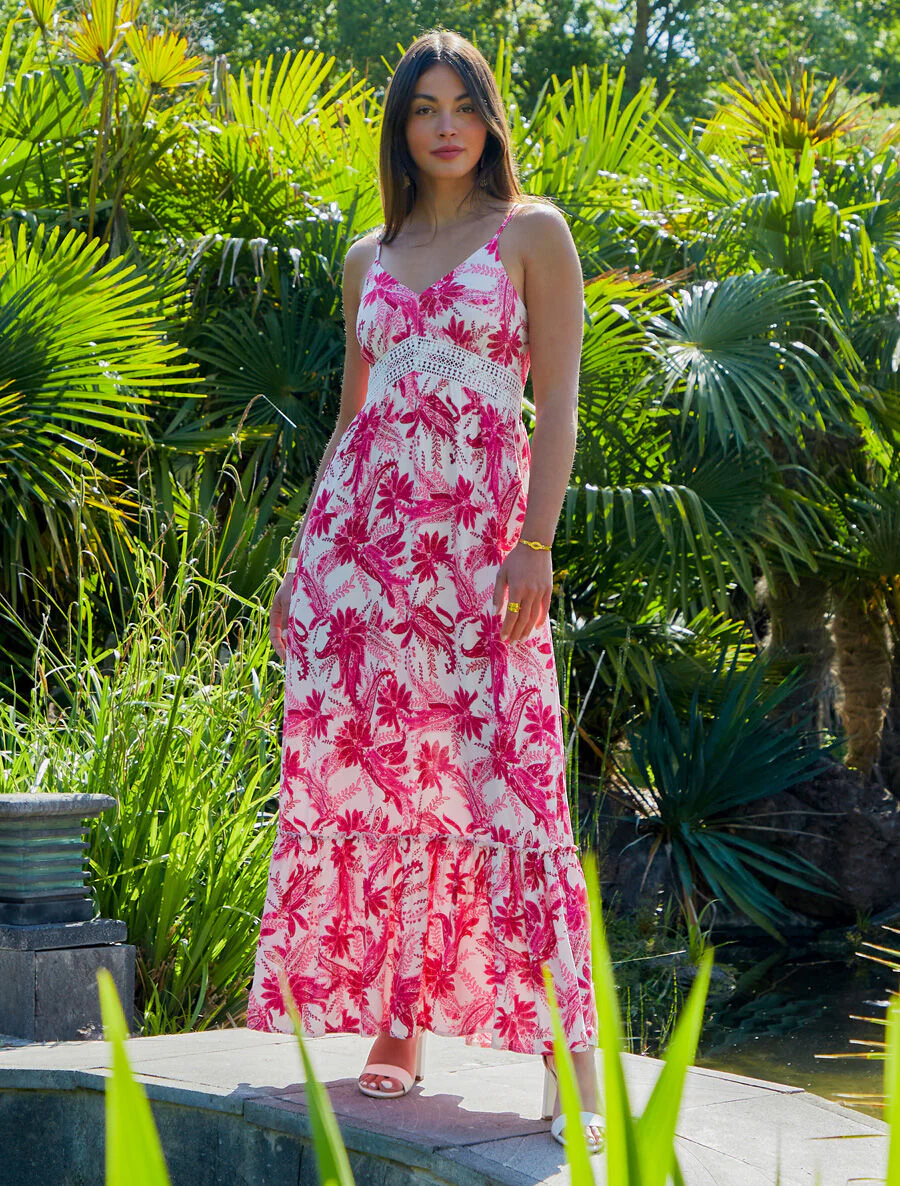 Jurk met sjaalprint met ruches aan de onderkant - fuchsia